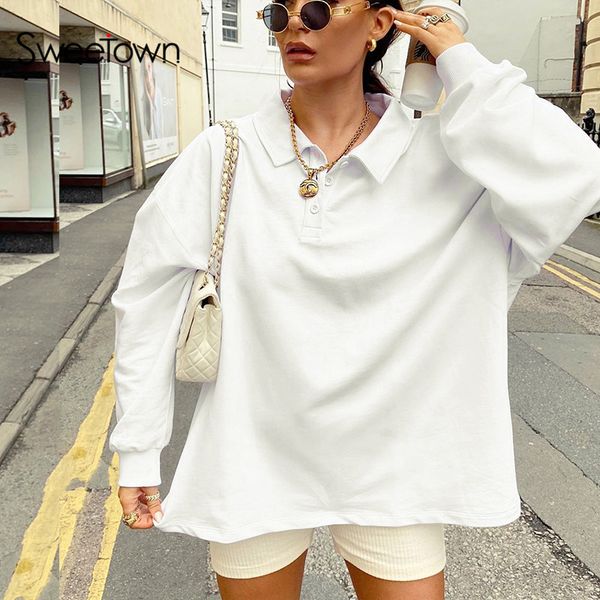 

sweetown solid white casual oversize sweatshirts for women autumn fashion long sleeve outfits pullover sweatshirts streetwear, Black;white