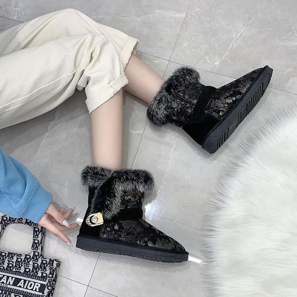 

boots winter women's sequins snow women warm thick bottom plus velvet cotton shoes large size 35-43, Black