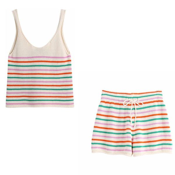 

women's tracksuits zxqj sweet girls striped knitted two piece sets 2021 summer fashion ladies slim shorts suits vintage women chic swea, Gray