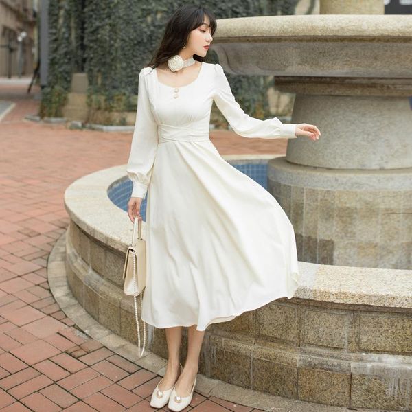 

casual dresses wavsiyier women 2021 spring autumn square collar long sleeve solid apricot elegant vintage dress female midi vestidos, Black;gray