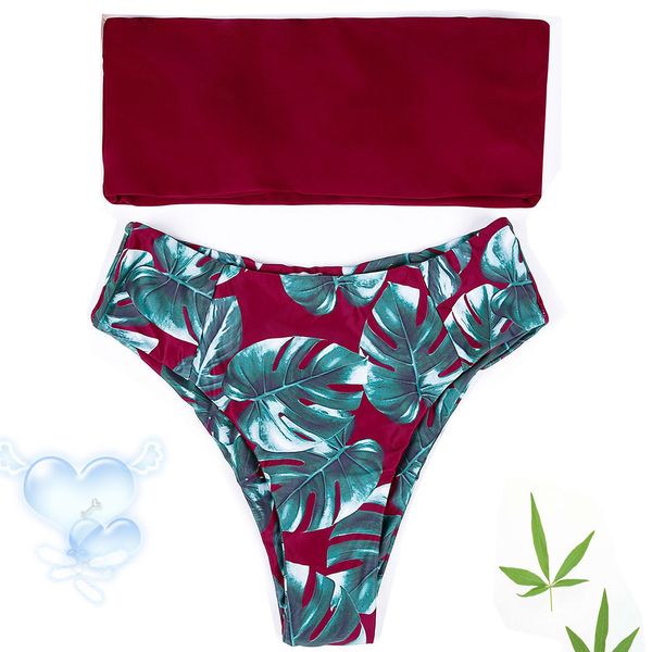 

new leaf print bra one neck bikini double side high waist split swimsuit, White;black