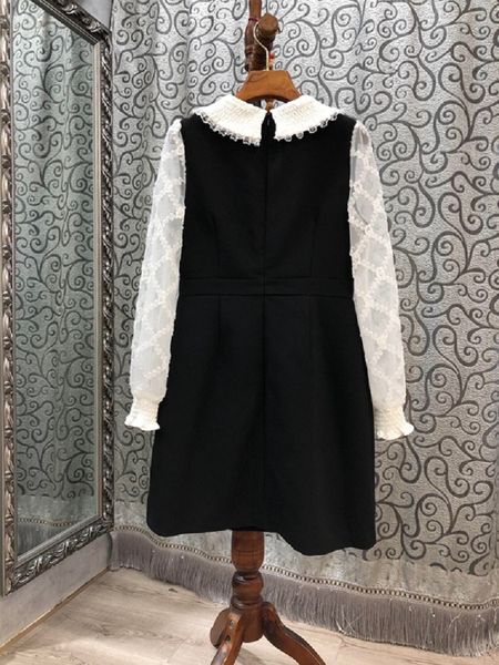 

capris one piece 2021 autumn style women peter pan collar beading buttons deco white color block patchwork long sleeve, Black;gray