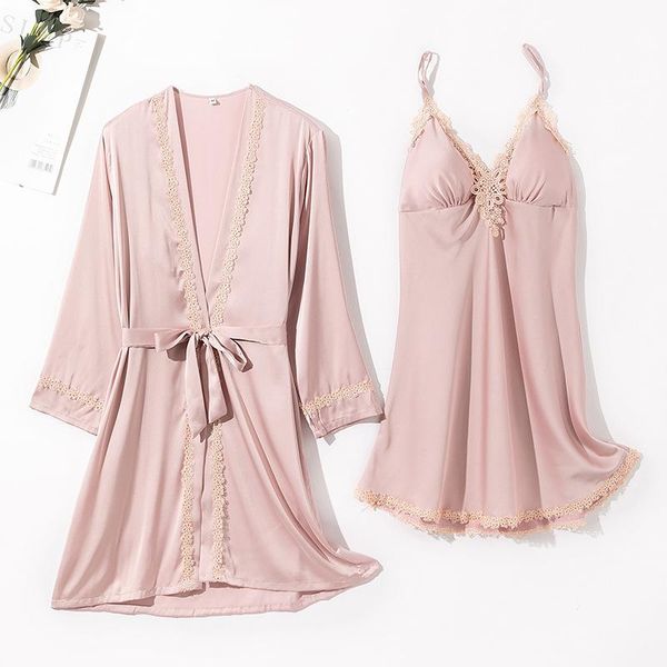 

sweet flower lace trim kimono robe gown suit women v-neck nightgown spring summer sleepwear casual faux silk bathrobe women's, Black;red