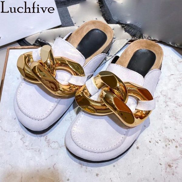 

chains slippers round toe mule flats slip on shoes woman runway big size outwear white pink sapatos feminina, Black