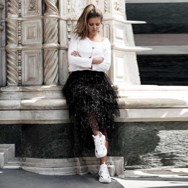 

skirts high street leopard print tulle tiered women skirt 2021 arrival elastic waistband ankle length ruffles, Black