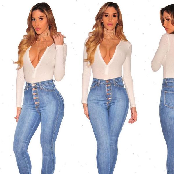 

womens jeans slim high waist skinny pants elastic tight pencil, Blue
