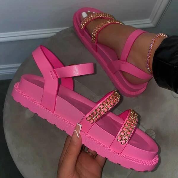 

factory wholesale large size sandals summer chain thick-soled women's shoes rhinestone mid-heeled increased buckle strap l dress, Black