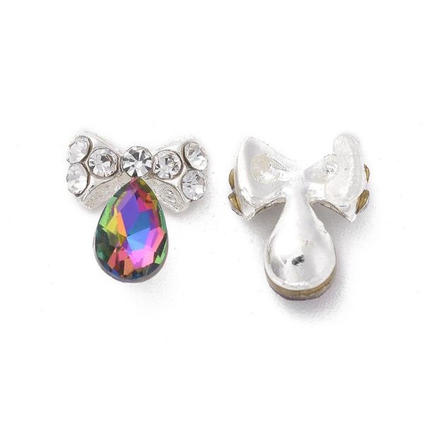 

nail art decorations alloy decorations, with glass rhinestone, teardrop & bowknot, platinum, colorful, 9x8mm, Silver;gold