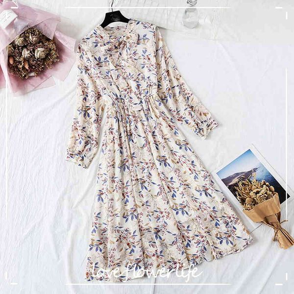 

floral print chiffon dress women autumn bow ruffle long sleeve dress elastic waist vintage dresses femme vestidos 210521, Black;gray