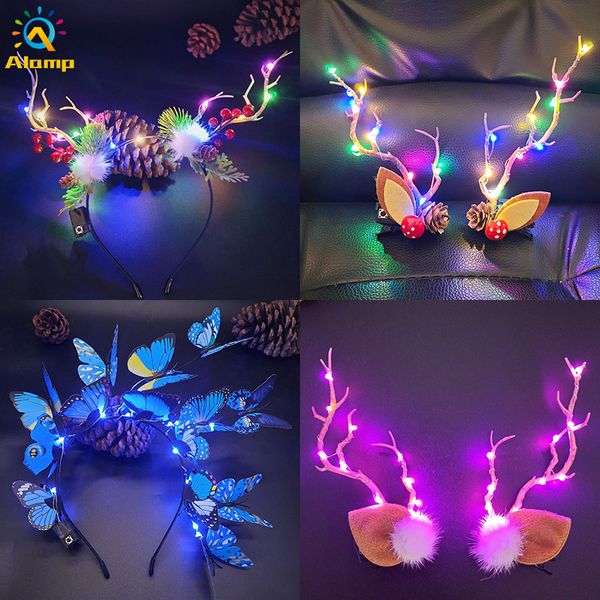 Neuheit LED leuchtender Baumzweig Geweih Stirnband Beleuchtung Schmetterlinge Haarnadel leuchtende Hirschblumenkrone Rentierkopfschmuck mit bunten Lichtern