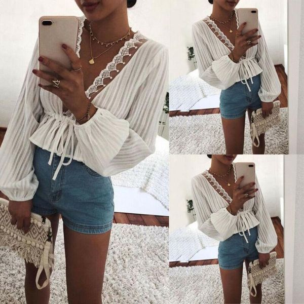 

women's blouses & shirts ladies' long lantern sleeve lace deep v-neck plain striped casual crop blouse plus size, White