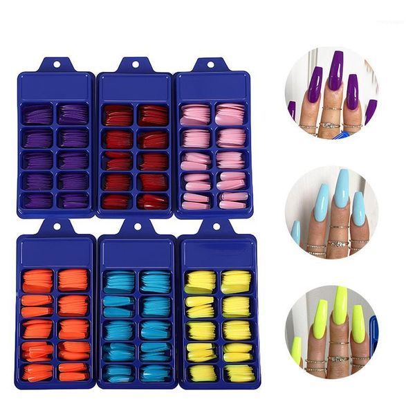 

100pcs/box artificial press on false nails full coverage fake nail long ballerina red/yellow/blue/pink coffin tips1, Red;gold