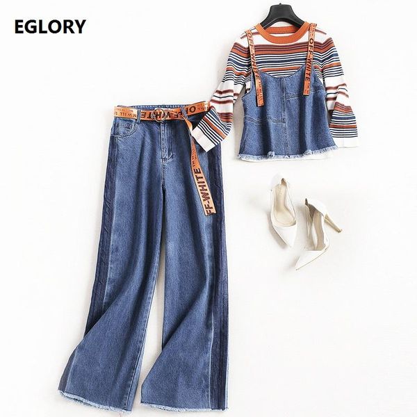 

women's suits & blazers ladies clothing autumn spring casual girls striped print pullover sweater+strap denim vest+wide leg cotton pan, White;black