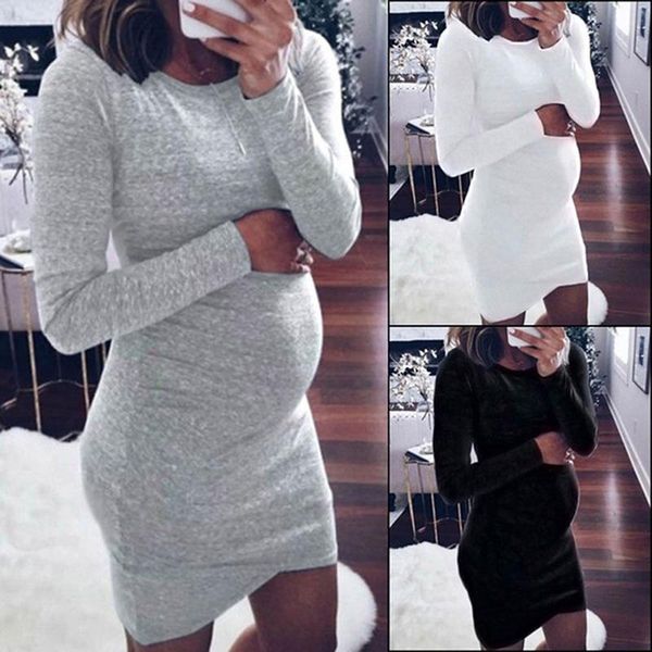 

maternity dresses pregnancy autumn pregnant women long sleeve bodycon casual dress mother home clothes, White
