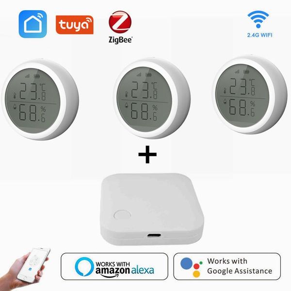 

smart home control temperature and humidity sensor with lcd screen display working tuya zigbee hub battery powered life