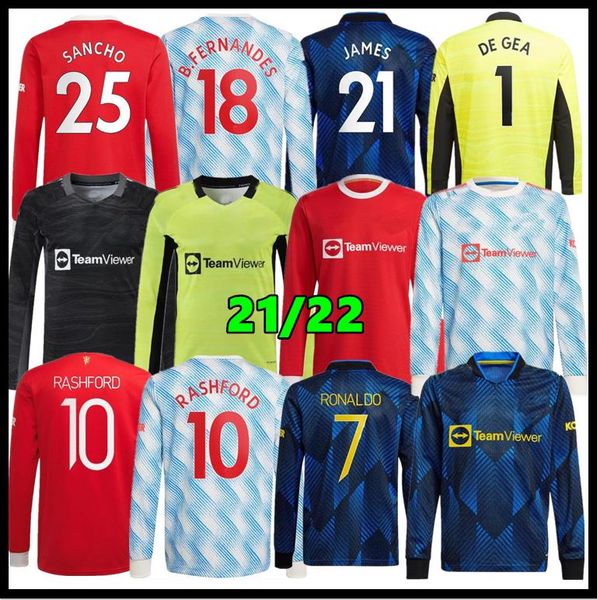 

21 22 ronaldo long sleeve soccer jerseys man sancho cavani b. fernandes pogba rashford lingard utd de gea goalkeeper 2021 2022 football shir, Black;yellow