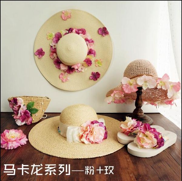 

slippers hahaflowerflower shoes bride flower beach flip flop straw hat, hat rhinestone pearl bag sets, Black