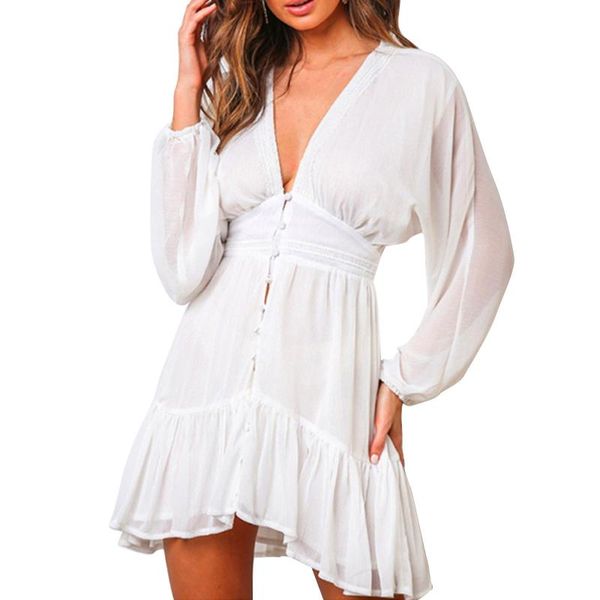 

casual dresses women see-through lace trim dress adults button-down solid color lantern sleeve v-neck beautiful and good quality, Black;gray