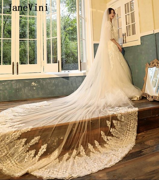 

bridal veils janevini luxury pearls light champagne lace wedding veil with comb big appliques edge sequins tulle long hair accessories, Black