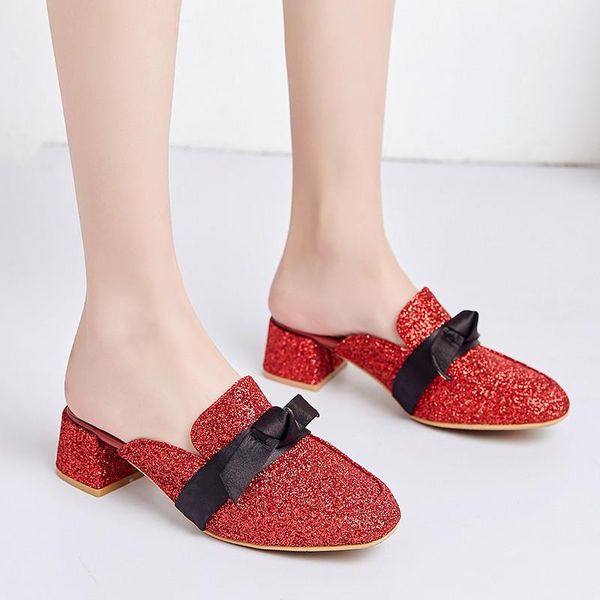 

slippers ymechic summer 2021 bling glitter cloth mules high heels shoes women black silver red chunky heel square toe slides outdoor