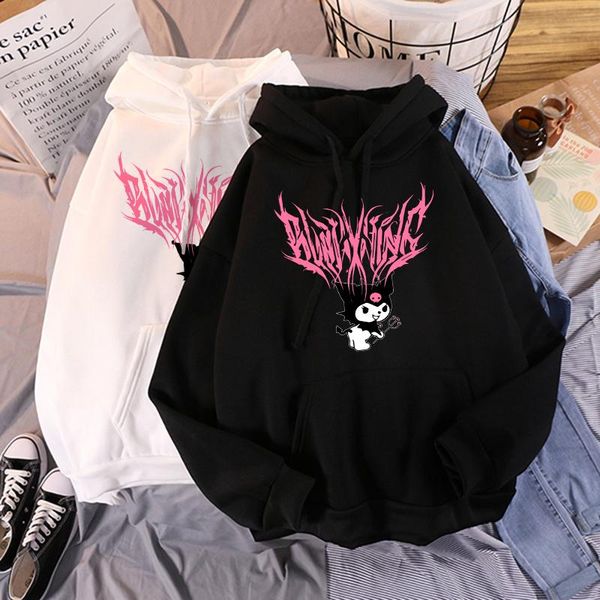 

women's hoodies & sweatshirts gothic punk hoodie ladies ins prep loose dark cartoon kuromi print student long-sleeved round neck, Black