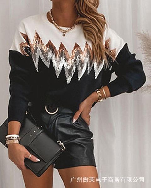 

women's t-shirt all-match sweater , autumn long-sleeved color matching sequins round neck woolen for women, White