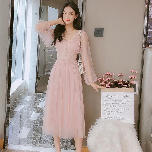 

casual dresses 2021 fashion high waist autumn lace dress long sleeve mesh chic women party female vestidos s-xl, Black;gray