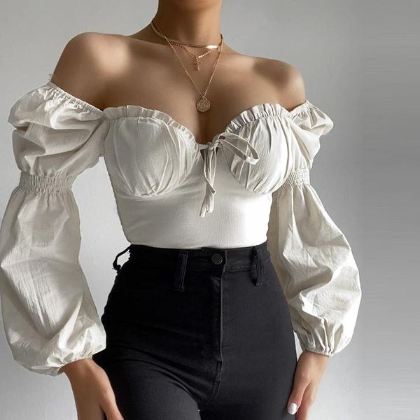 

women's blouses & shirts women casual long puff sleeve t-shirt solid color tie-up v-neck vintage ruffle cropped bodycon square neck pa, White