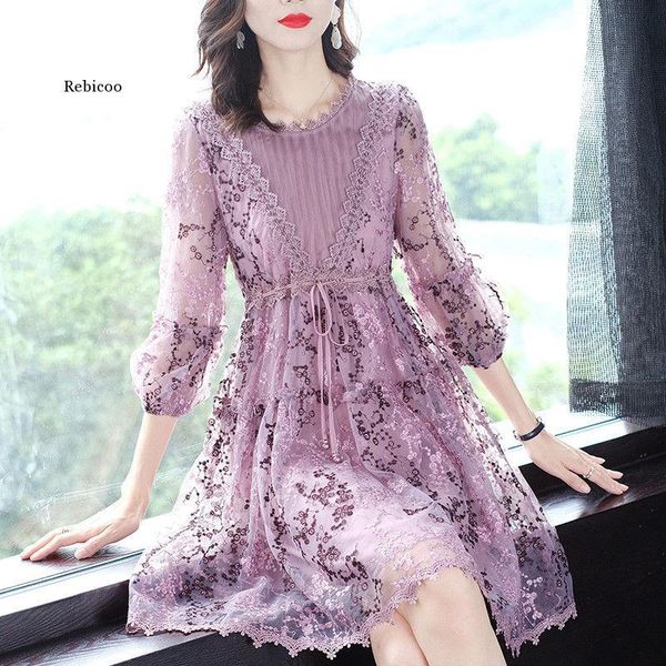 

summer women self-cultivation lace vintage three quarter sleeve dress female floral embroidery dresses vestido casual, Black;gray
