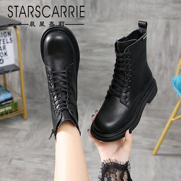 

boots layer cowhide fashion women's 2021 mid-tube front lace-up black thick heel round toe winter riding