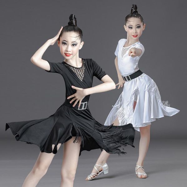 

stage wear kids dresses for girls latin ballroom dance competition costumes performance fringe gatsby tassel tango skirt clothing, Black;red