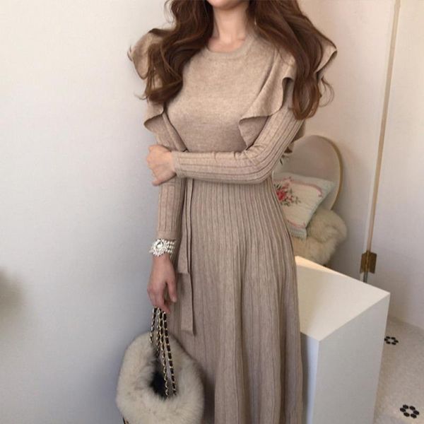 

women 2021 spring autumn vintage elegant o-neck sweater dress female thicken knit dresses slim ruffles lady vestidos f105 casual, Black;gray