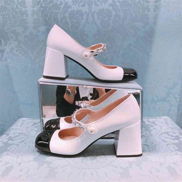 

2021 chain m family new pearl thick heel shoes mary jane shoes pink girl high heels princess shoes sweet yw cf2h, Black