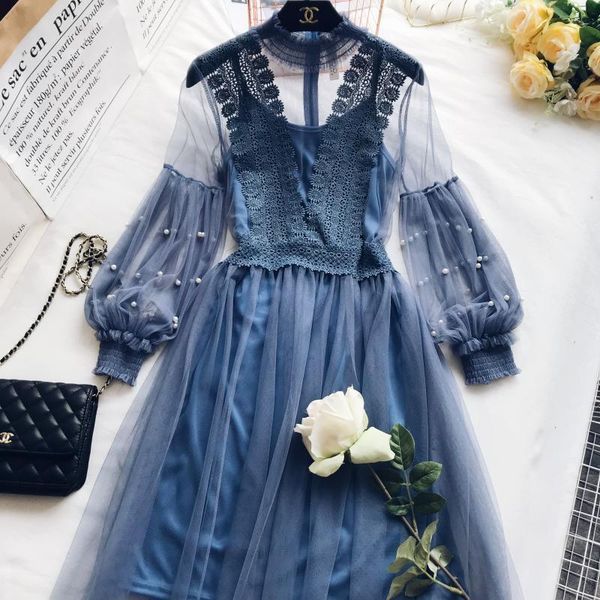 

casual dresses women dress autumn floral embroidery beading mesh lantern sleeve voile lace long lady vestidos two pieces set 1317, Black;gray