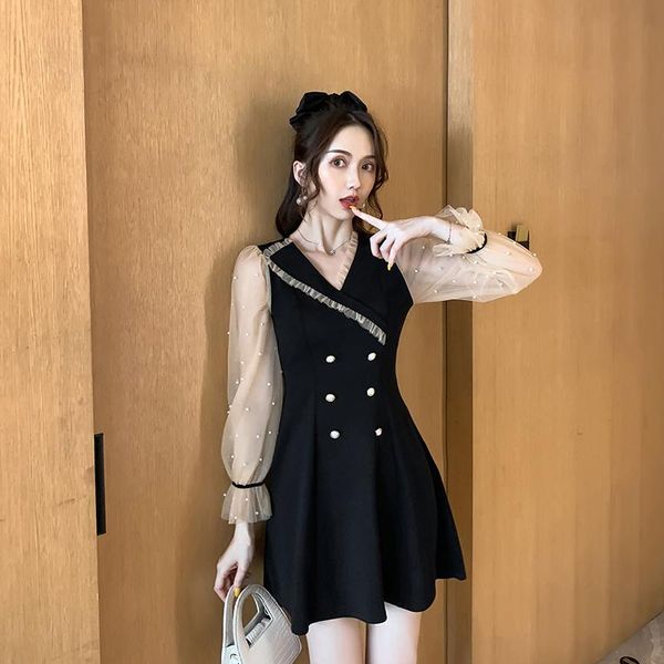

casual dresses coigarsam women one-piece dress korean spring beading mesh black 8802, Black;gray