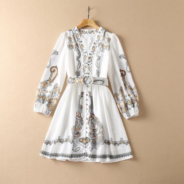 

casual dresses european and american women's clothing winter 2022 long sleeves v neck vintage print fashion belt cotton linen dress, Black;gray