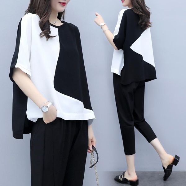 

chiffon women two piece outfits summer plus size suits and sets womens clothing casual women's suit pants set dress, White