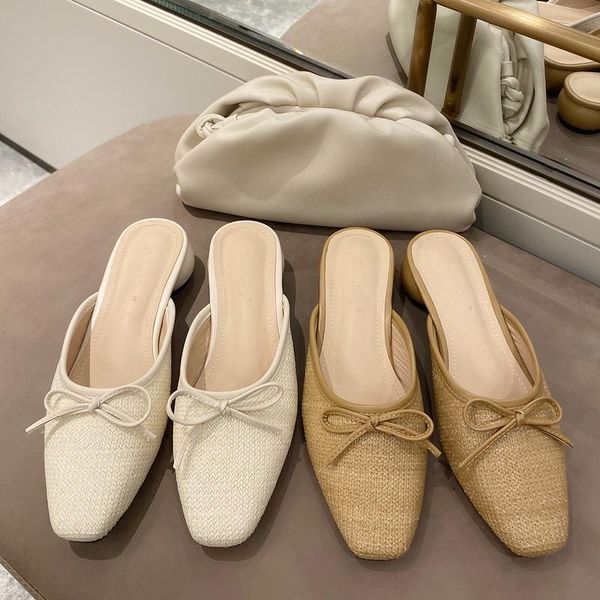 

slippers 2021 summer women fashion mules shoes med heel slip on slipper designers bow casual woman outside square toe slides, Black