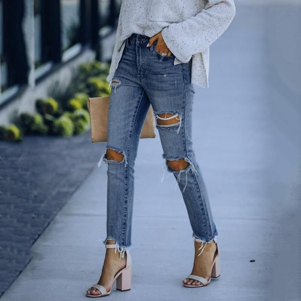 

women's jeans women solid color blue denim trousers with ripped pockets
