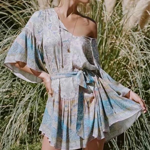 

happie queens women floral print tie neck bohemian mini dress ladies bat sleeve boho dresses vestidos casual, Black;gray