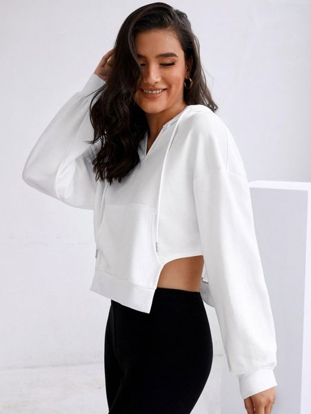 

kangaroo pocket drawstring asymmetrical hem hoodie p13m#, White;black