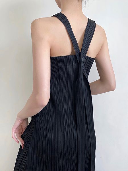 

casual dresses 2021 summer pleated women dress female temperament halter cross spaghetti strap design loose long sleeveless 5hnx, Black;gray