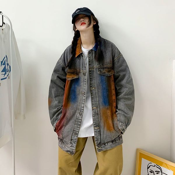 

women's jackets privathinker spring graffiti denim loose harajuku high street women jean big size fashion couple coat, Black;brown
