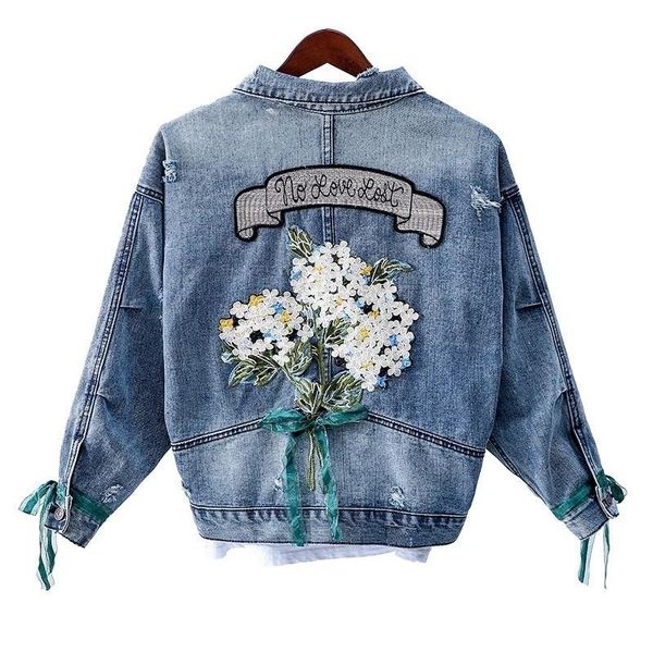 

women's trench coats 2021 autumn embroidery flower cowboy loose coat female denim jacket women chaqueta mujer streetwear boyfriend larg, Tan;black
