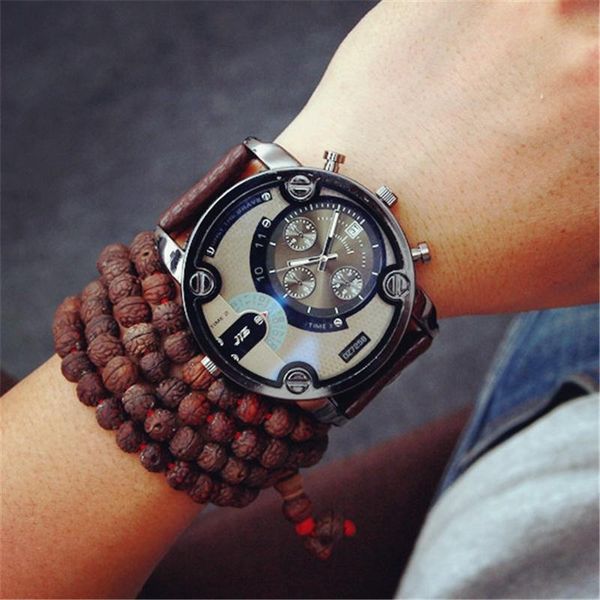 

wristwatches fashion large dial brand blue ray black brown leather band steel male quartz watch luxury men's drop vip, Slivery;brown