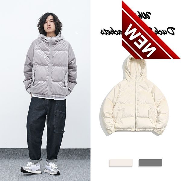 

winter men's soft corduroy puffer jackets loose hooded japan style white duck down coats male thick fashion streetwear jk-905, Black
