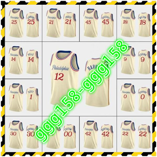 2021 Baskı erkek kadınların çocukları Milton Joel Embiid Ben Simmons Tobias Harris Josh Richardson Gömlek Krem Özel Basketbol Forması