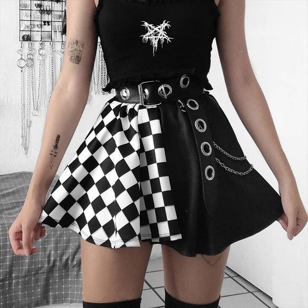 

y2k harajuku dark girl women skirt contrast plaid stitching high waist overskirt in summer gothic, Black