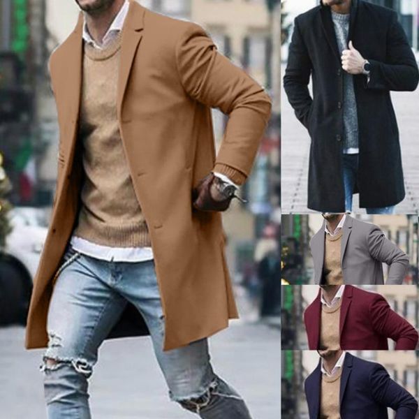 

men's trench coats 1 pc men coat autumn winter button slim long sleeve suit polyester jacket blouse m0923, Tan;black
