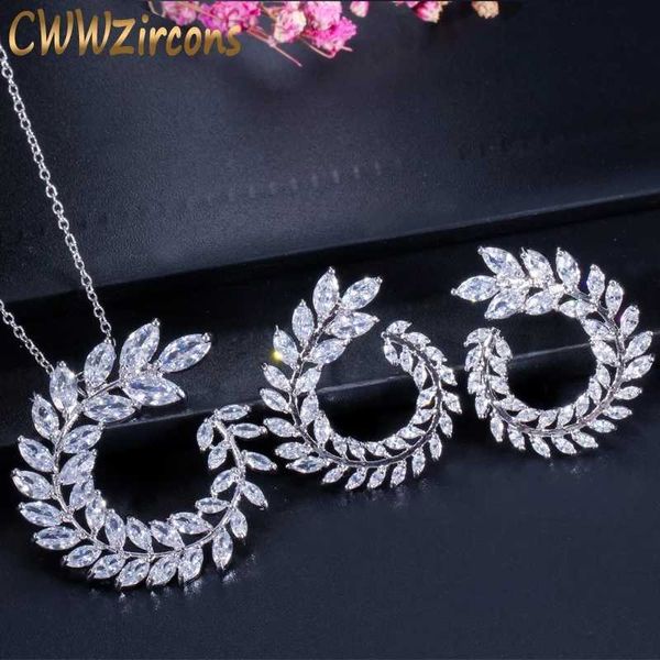 

fashion women costume jewelry sparkly olive branch marquise cut cubic zirconia pendant necklace and earring sets t087 210714, Silver